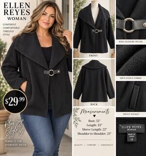 Ellen Reyes Women’s Black Solid Buckle Front Collared Pocket Jacket Plus 1X